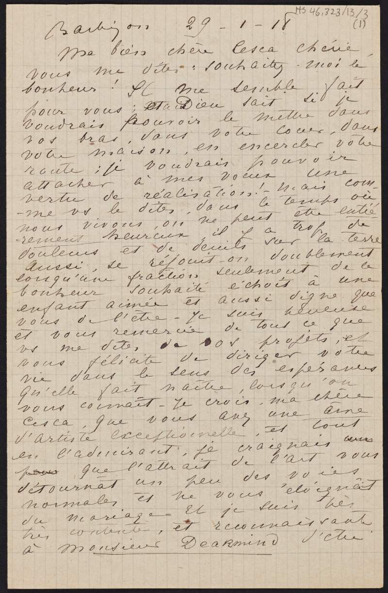 Letter from unidentified author to Cesca Chenevix Trench wishing her well with her upcoming marriage to Diarmid Coffey,