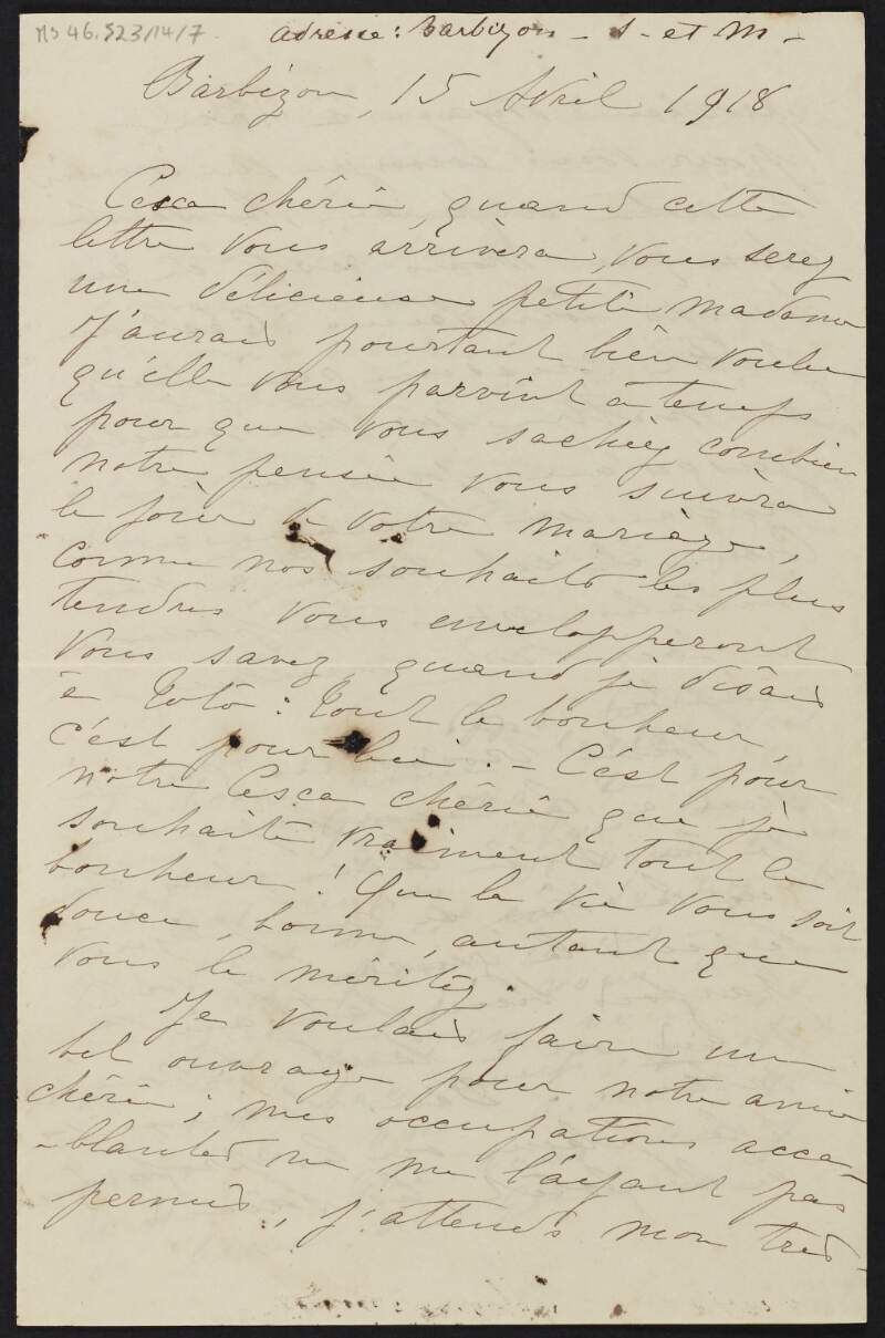 Letter from unidentified author, France, to Cesca Chenevix Trench regarding her wedding,