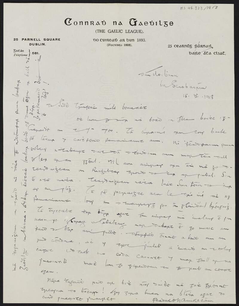 Letter from Peadar Ó hAnnracháin, County Dublin, to Cesca Chenevix Trench regarding events for the Gaelic League,