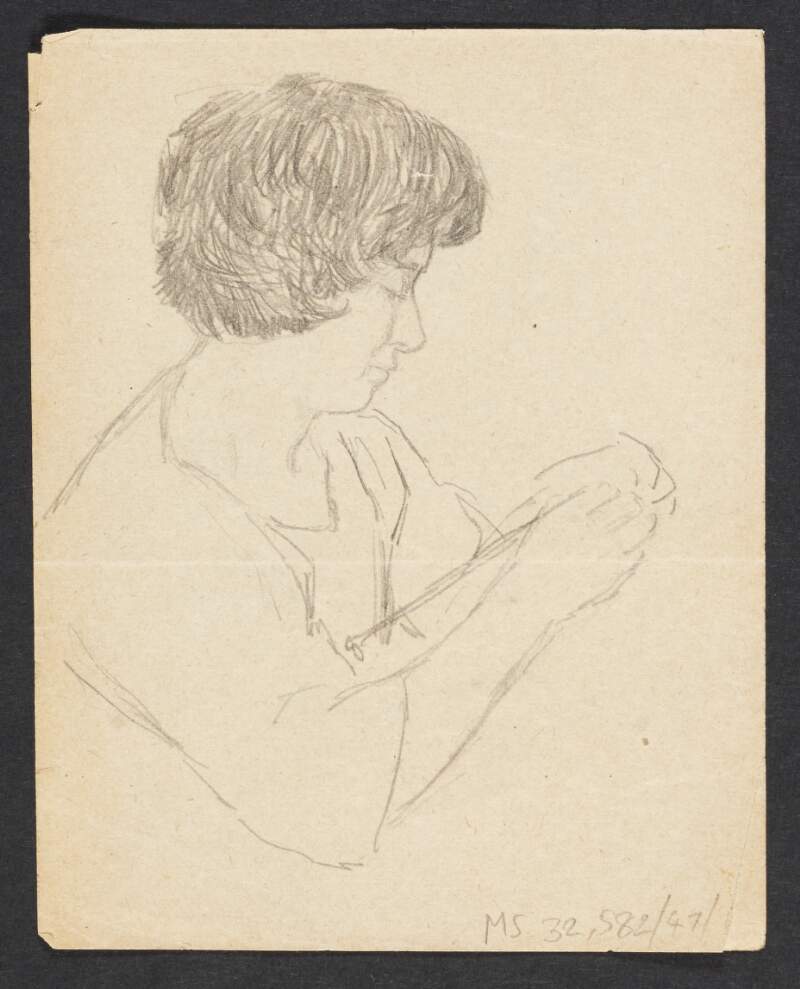 [Pencil drawing of a woman knitting]