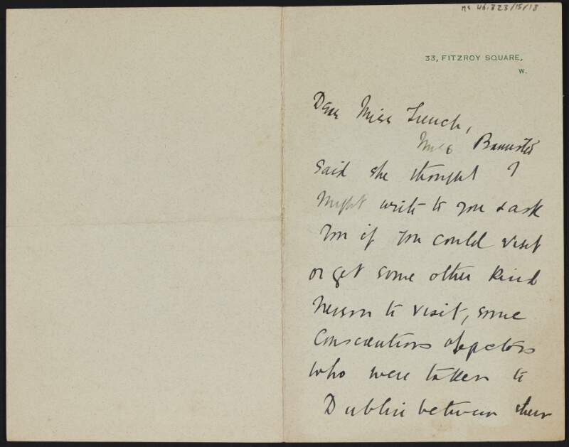 Letter from Eva Gore-Booth, County Dublin, to Cesca Chenevix Trench asking her to visit prisoners, and telling her about how badly her sister Constance de Markievicz is being treated,