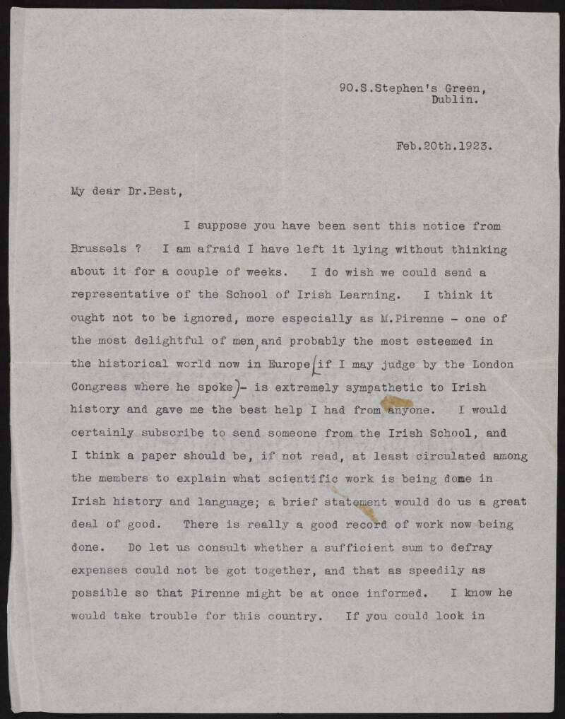 Letter from Alice Stopford Green to Richard Irvine Best discussing her wish that the School of Irish Learning could send a representative to Brussels,