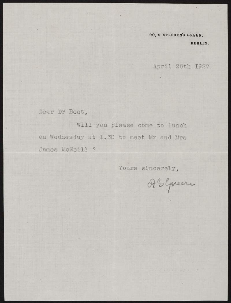 Letter from Alice Stopford Green to Richard Irvine Best asking him to lunch with James and Josephine O'Neill,
