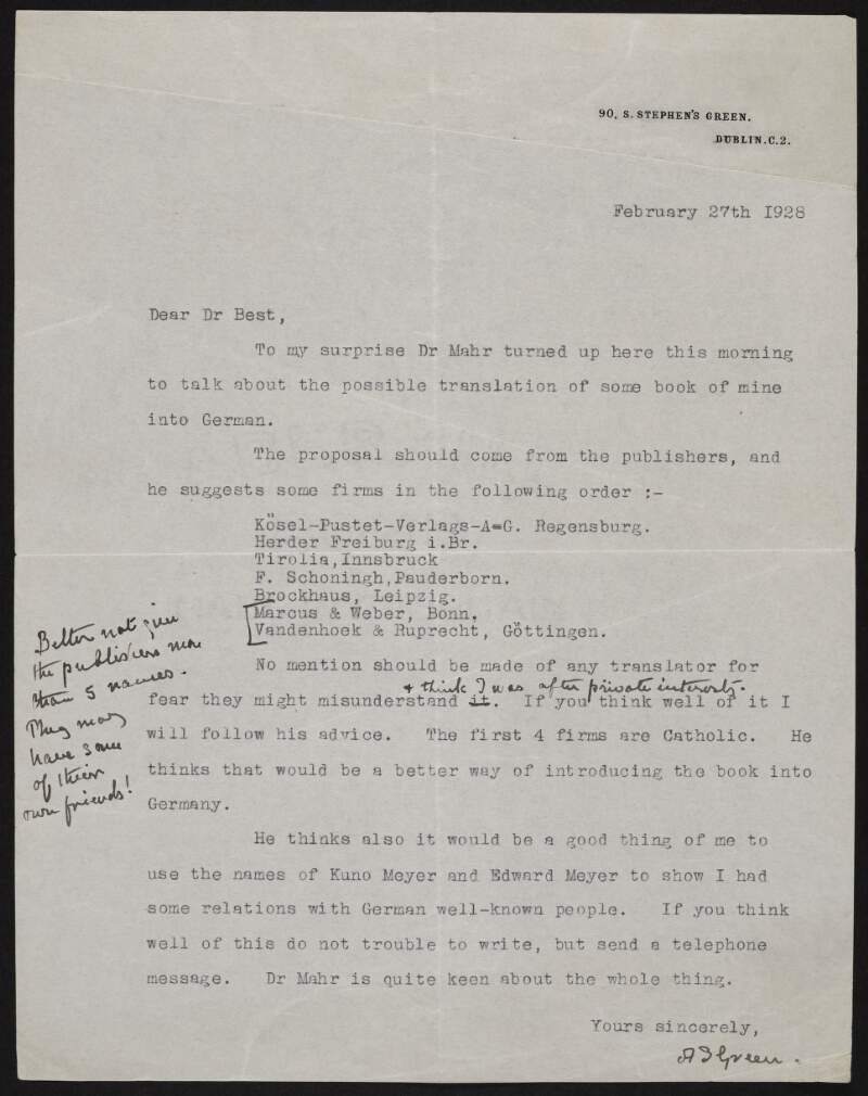 Letter from Alice Stopford Green to Richard Irvine Best regarding a translation of one of her books into German,