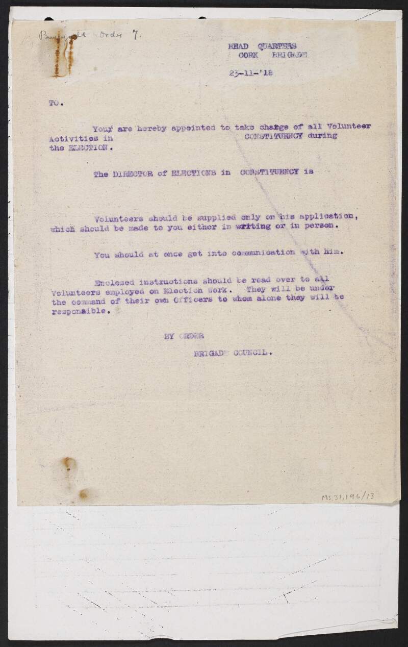 Circular letter from the Cork Brigade, Irish Volunteers, regarding duties for Irish Volunteers during the ,