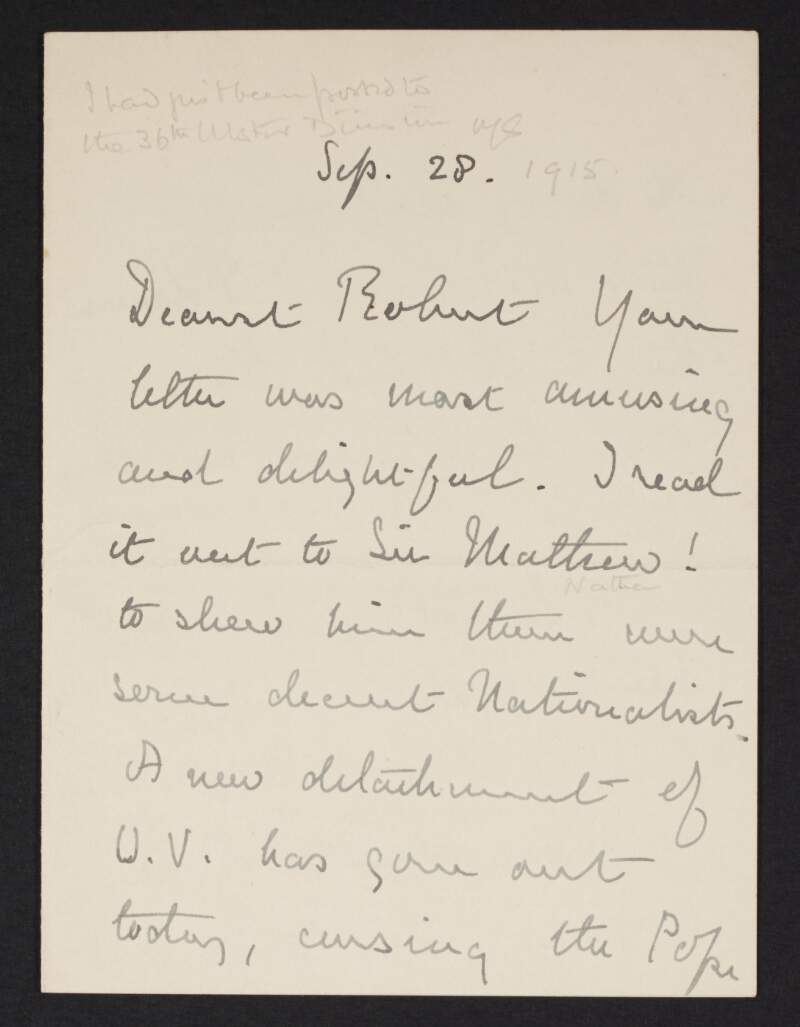 Letter from Alice Stopford Green to Robert Stopford briefly mentioning the Ulster Volunteers,