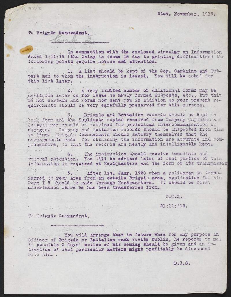 Copy letter from Austin Stack, Deputy Chief of Staff, Irish Volunteers, to the Brigade Commandant, Cork Brigade, Irish Volunteers, providing instructions for filling in forms,