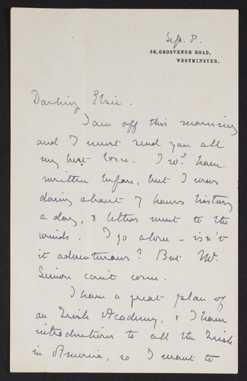 Letter from Alice Stopford Green to Elsie Henry briefly mentioning her work and discussing family matters,