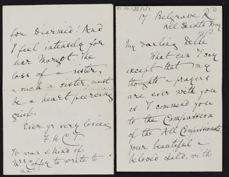 Letter from unidentified author to Isabella Chenevix Trench sympathising with her on the death of Cesca,