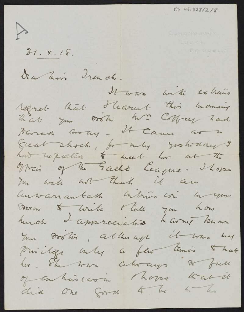 Letter from Edith Shackleton, County Dublin, to Margot Chenevix Trench sympathising with her on the death of Cesca,