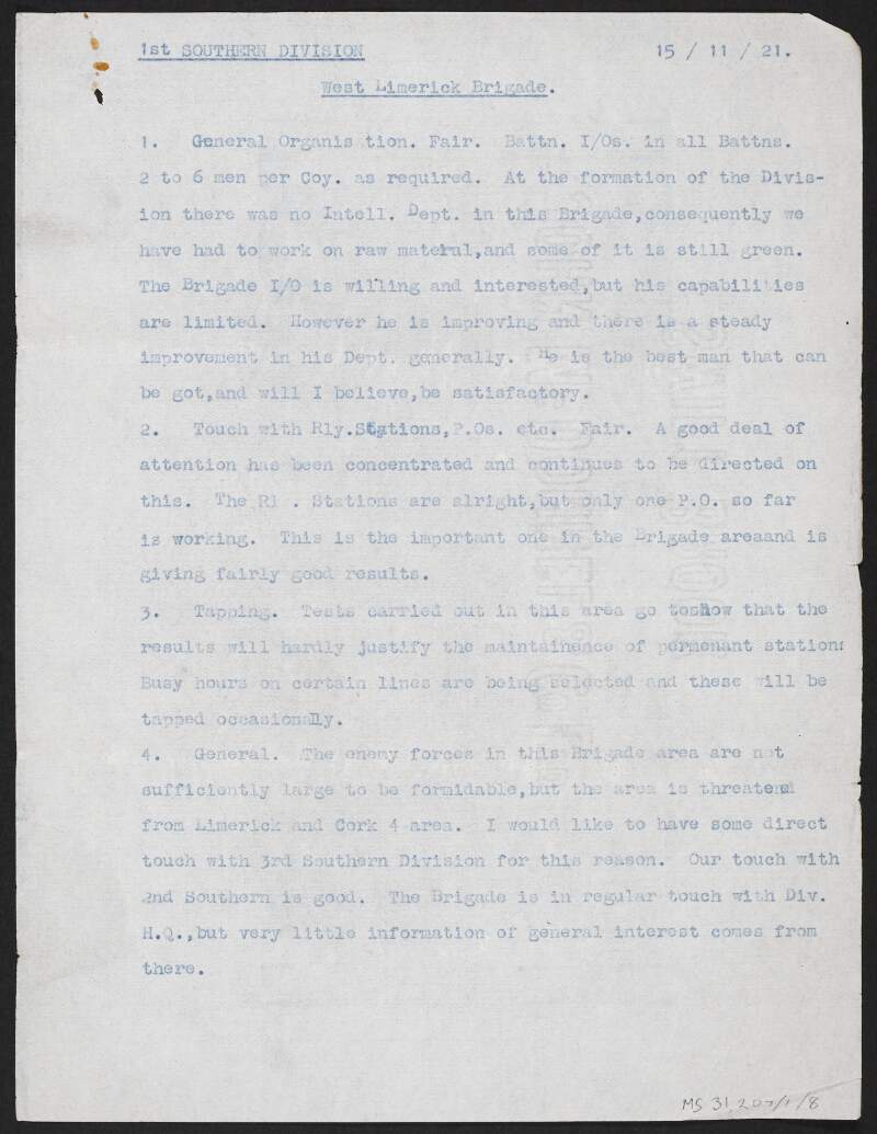 Copy report from the IRA 1st Southern Division regarding the oganisation and operations of the West Limerick Brigade, Irish Volunteers,