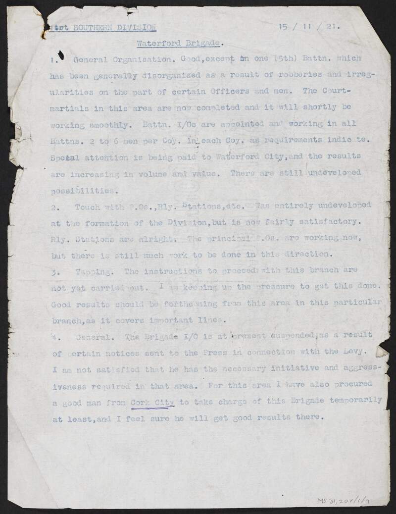Copy report from the IRA 1st Southern Division regarding the oganisation and operations of the Waterford Brigade, Irish Volunteers,