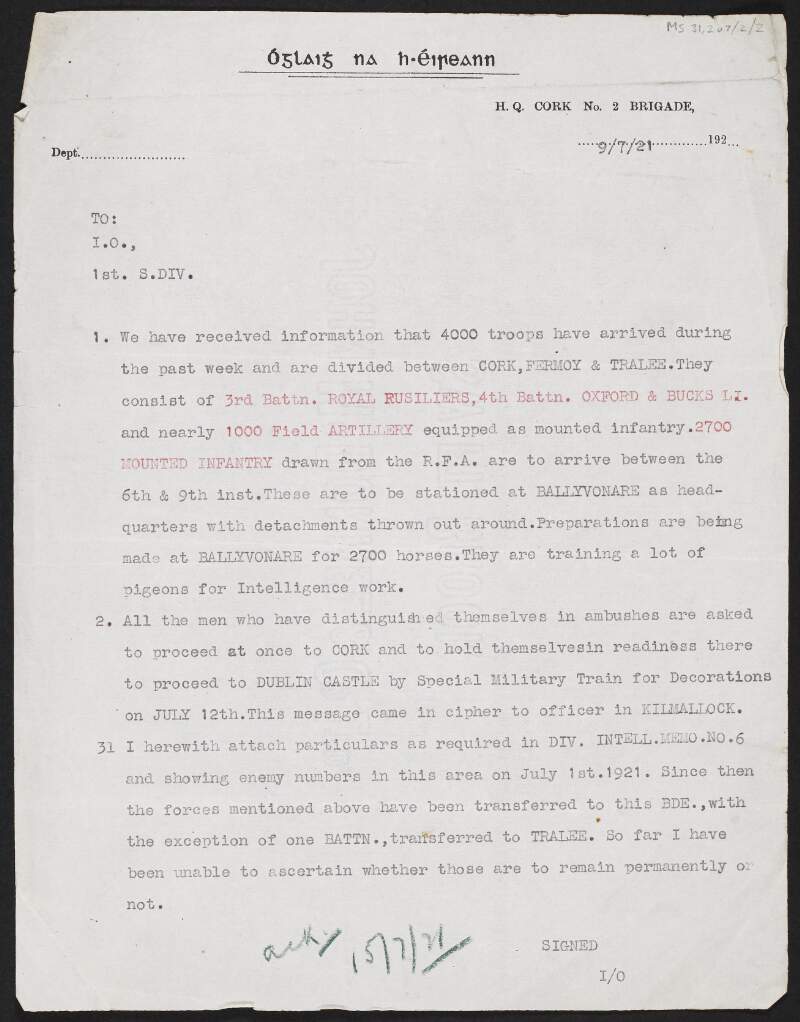 Copy letter from the Cork Brigade No. 2., Irish Volunteers, to the IRA 1st Southern Division regarding the arrival of British soldiers and artillary in Ballyvonare, County Cork,