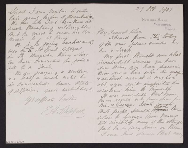Letter from Edward Adderley Stopford to Alice Stopford Green discussing "Jack" and "George",