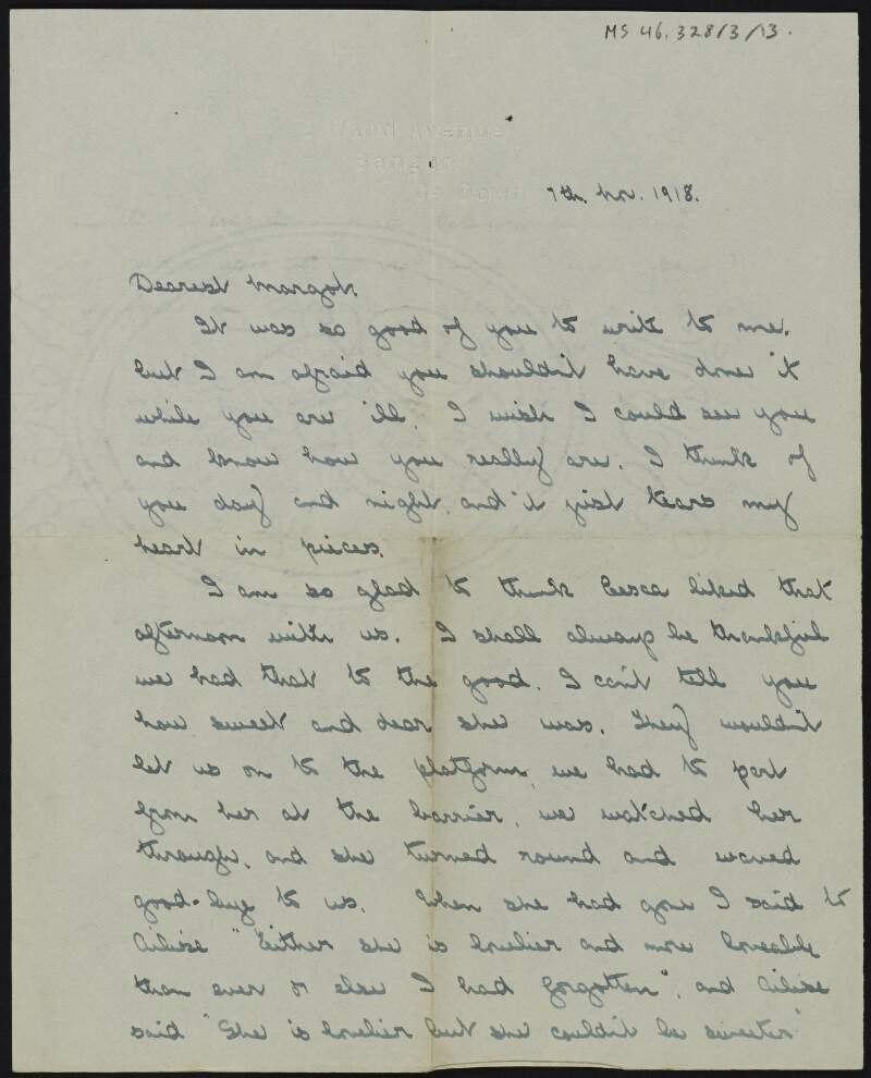 Letter from unidentified author, Bangor, County Down, to Margot Chenevix Trench regarding what a great person Cesca was,