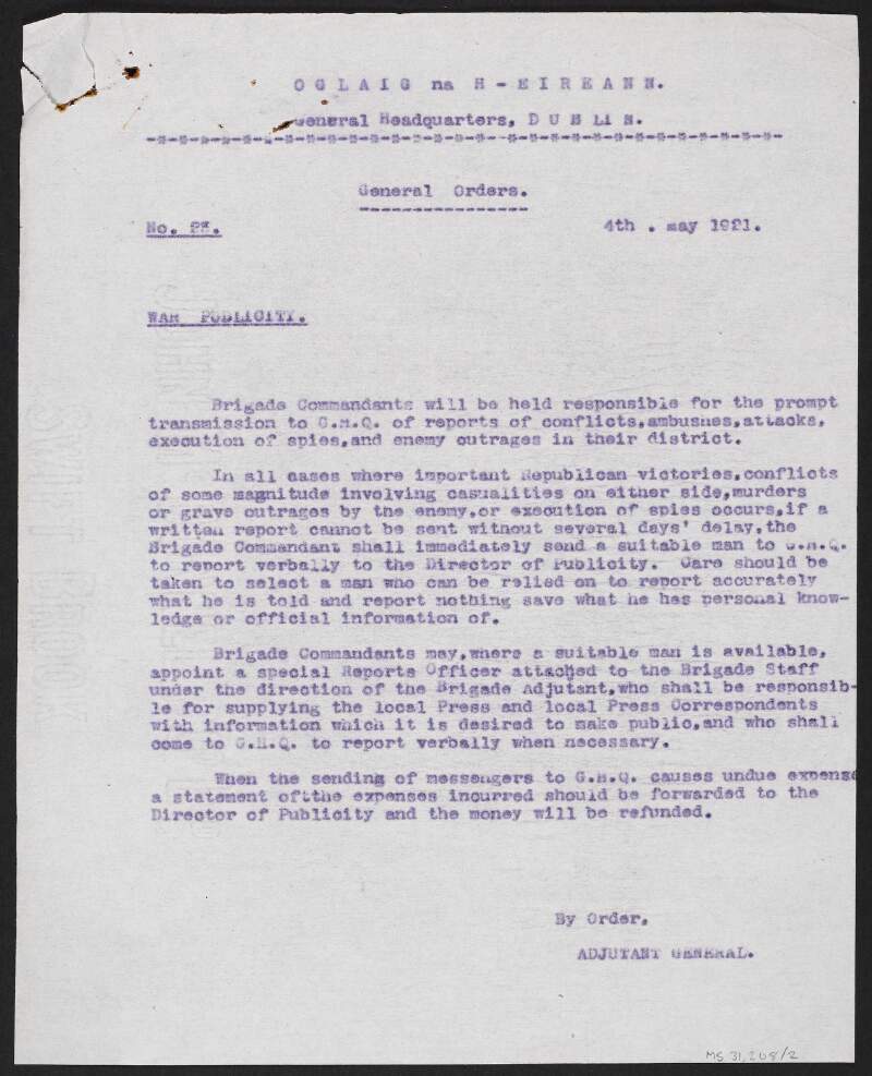 Circular letter from Michael Collins, Adjutant General, IRA, to the IRA 1st Southern Division requesting that reports be transmitted by brigade commandments regarding any conflicts with the enemy,