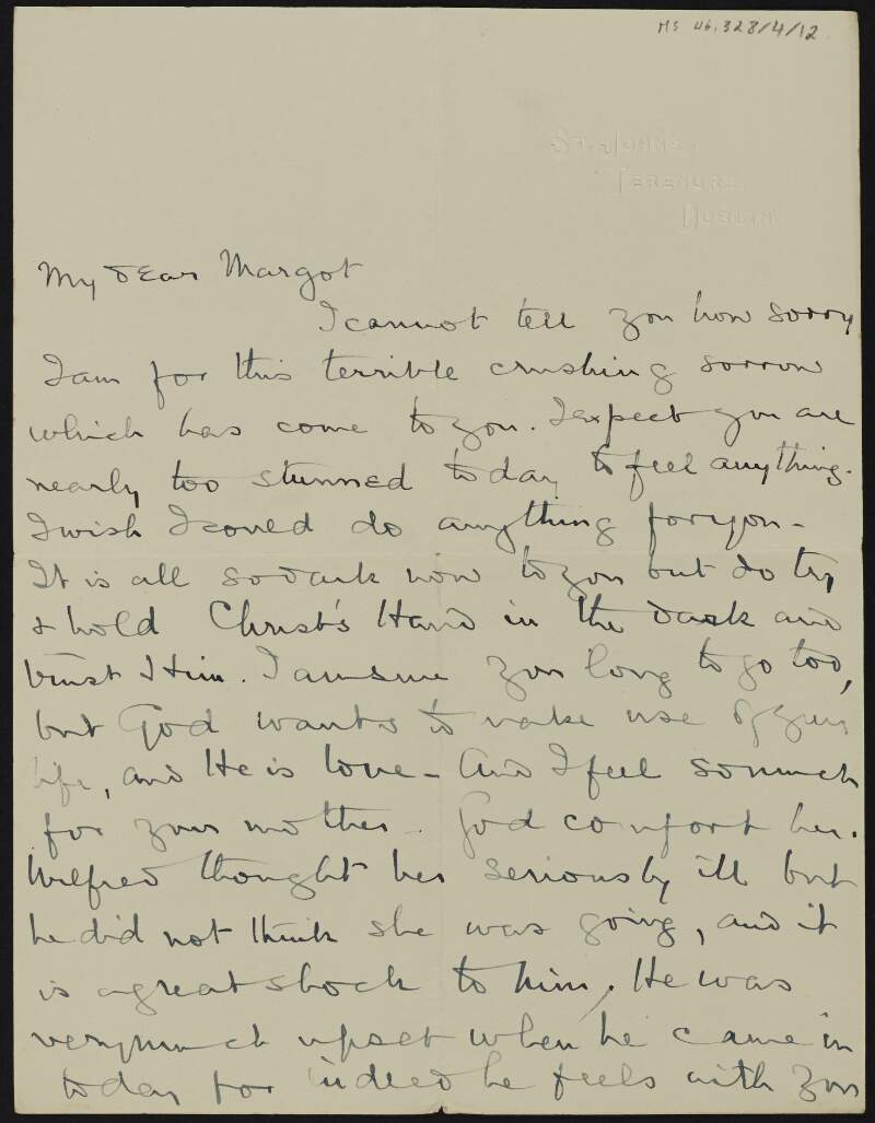 Letter from unidentified author, County Dublin, to Margot Chenevix Trench sympathising with her on the death of Cesca,