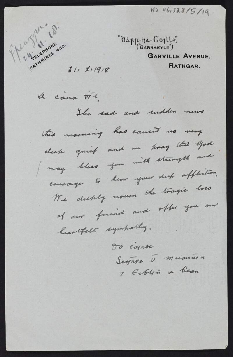 Letter from Seóirse Ó Muanáin, County Dublin, to Diarmid Coffey sympathising with him on the death of Cesca,