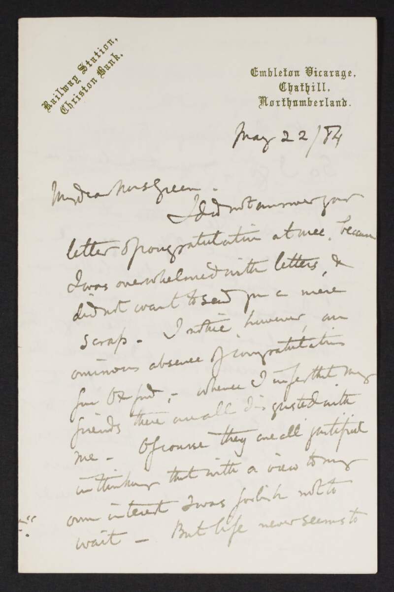 Letter from Mandell Creighton to Alice Stopford Green discussing his last letter to Green and his views on the meaning of sympathy,