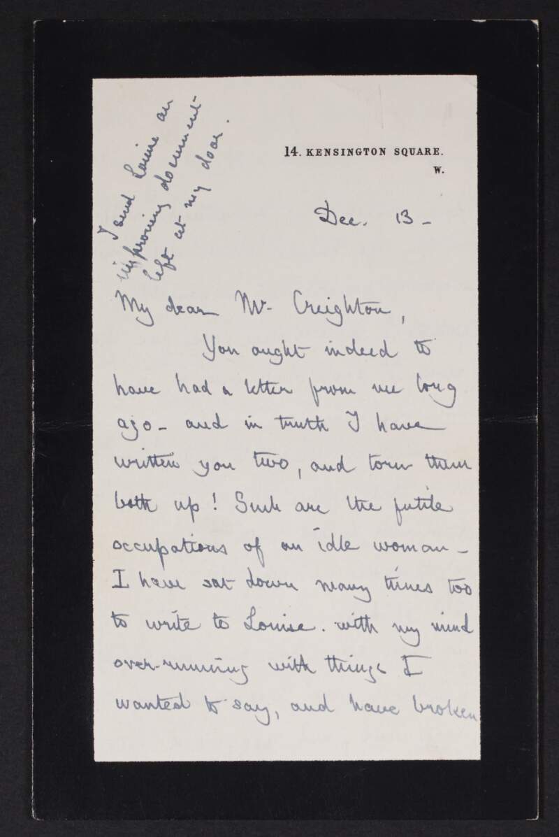 Letter from Alice Stopford Green to Mandell Creighton regarding letters to Canon [Stubbs], visits with Mary Ward, that she must write to Creighton's wife, Louise and an article in the 'Daily News',