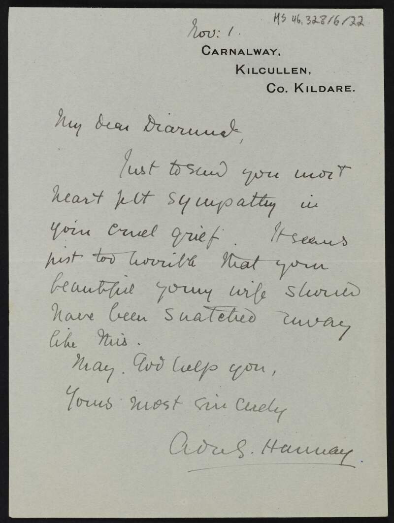 Letter from Adelaide Hannay, County Kildare, to Diarmid Coffey sympathising with him on the death of Cesca,