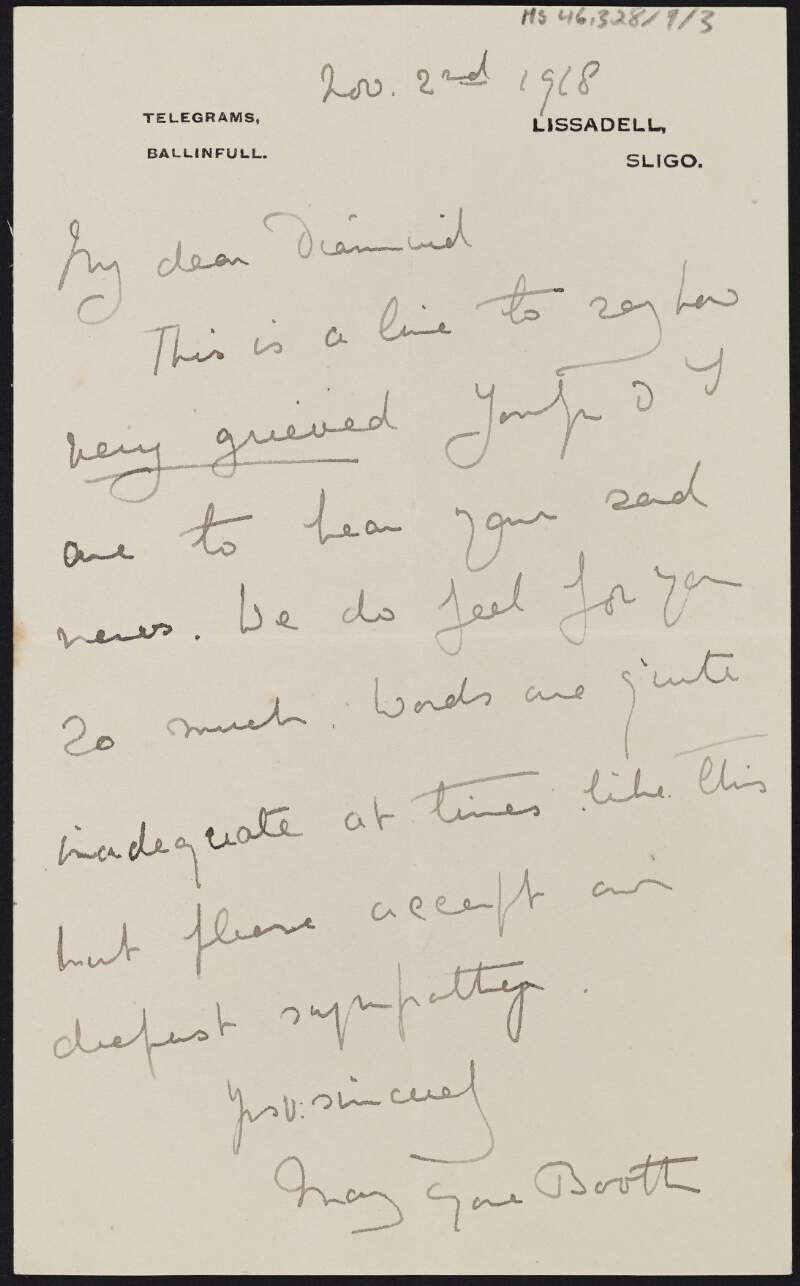 Letter from Georgina Mary Gore-Booth, County Sligo, to Diarmid Coffey sympathising with him on the death of Cesca,