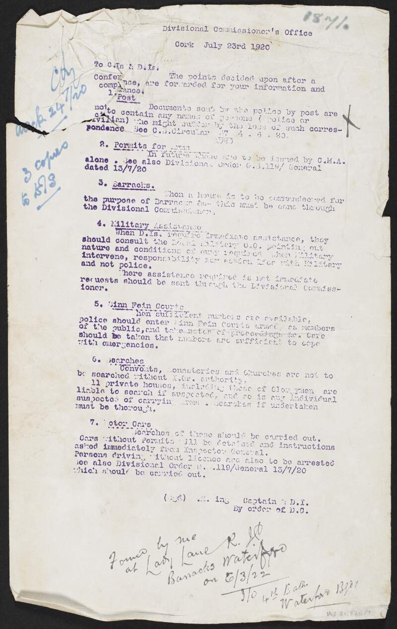 Copy report from the Divisonal Commissioner's Office, Royal Irish Constabulary, Cork, to County Inspectors and District Inspectors regarding orders,