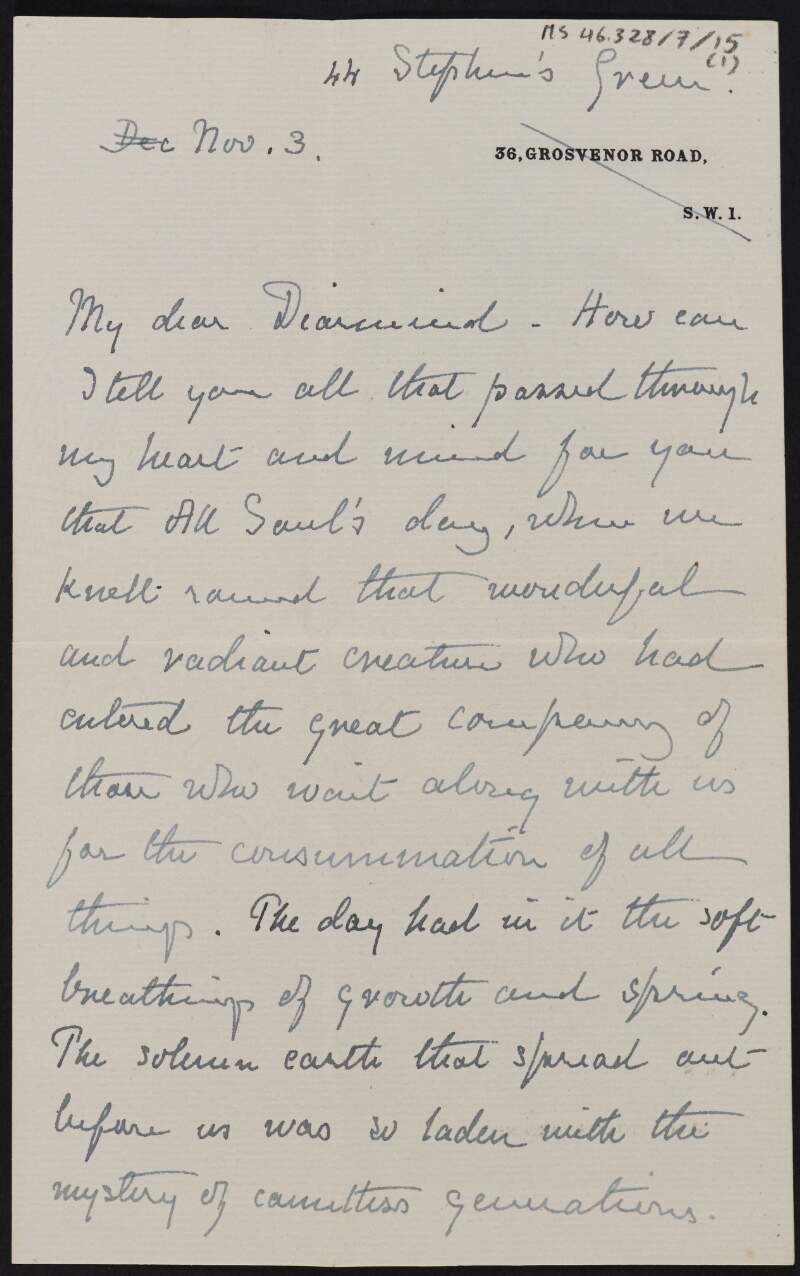 Letter from Alice Stopford Green, County Dublin, to Diarmid Coffey sympathising with him on the death of Cesca,