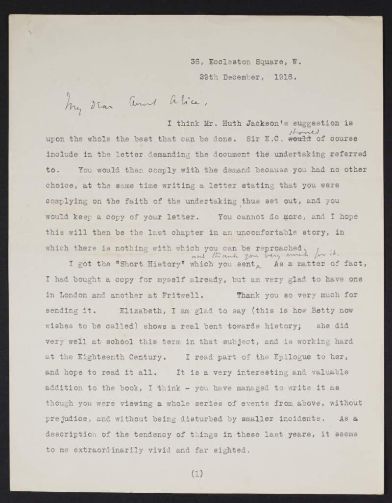 Letter from John Simon to Alice Stopford Green discussing a postcard sent to Green by Kuno Meyer, Green's work and peace proposals regarding World War I,