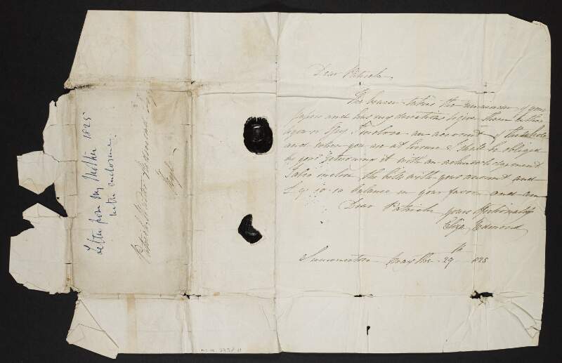 Letter from Eliza Redmond to Patrick Walter Redmond regarding his account,