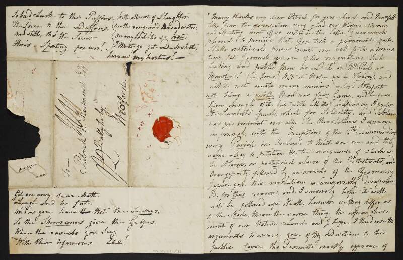 Letter from William Talbot to Patrick Walter Redmond regarding a resolution and referring to Protestants, the Orange party, and arming of the Yeomanry,