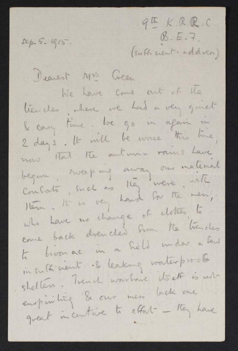 Letter from Robin Holloway to Alice Stopford Green discussing his time in the trenches and noting that "it certainly requires a good deal of effort not to lose heart",