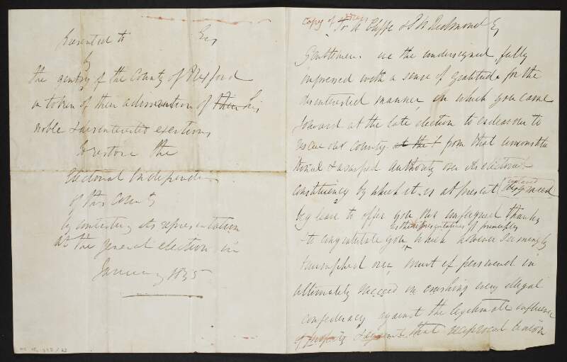 Copy of address by the electors of County Wexford to Anthony Cliffe and Patrick Walter Redmond, transcribed by Redmond,