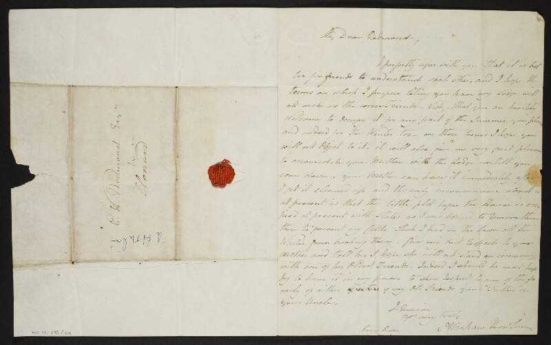 Letter from Abraham Howlin to Patrick Walter Redmond regarding the use of Howlin's lodge,