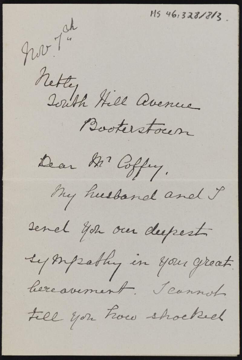 Letter from Agnes Mac Neill, County Dublin, to Diarmid Coffey sympathising with him on the death of Cesca,