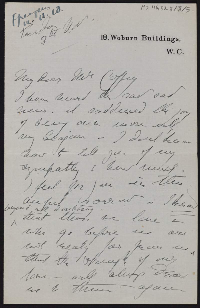 Letter from Maud Gonne MacBride, England, to Diarmid Coffey sympathising with him on the death of Cesca,