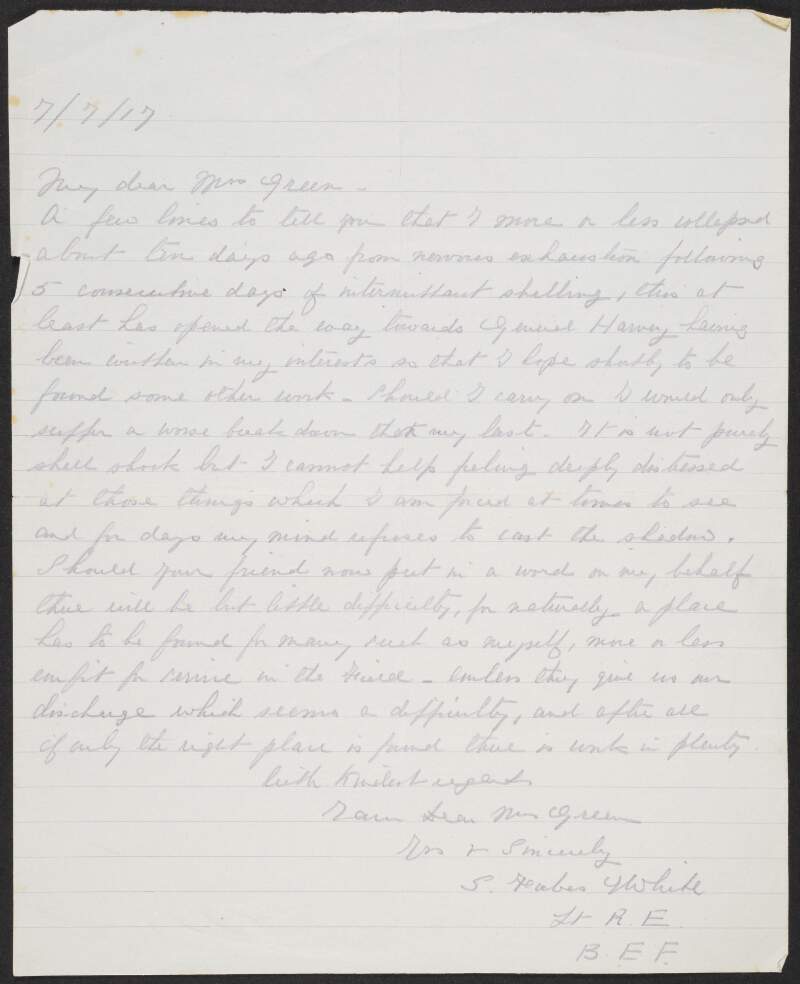 Letter from Stephen Forbes White to Alice Stopford Green detailing his collapse due to nervous exhaustion,