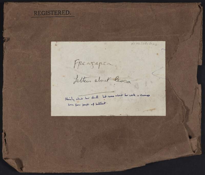 Empty envelope with "Freagarta. Letters about Cesca. Mainly about her work and marriage some from people of interest" inscribed,