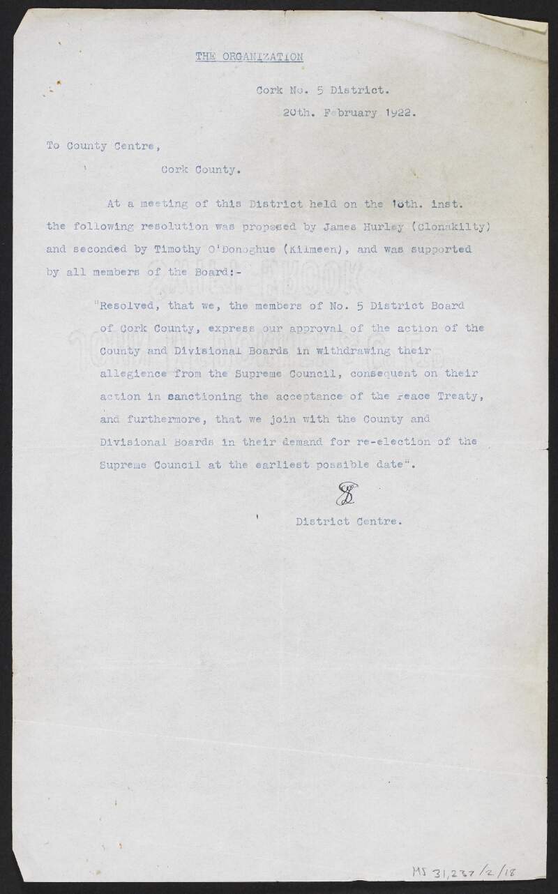 Letter from District No. 5, County Cork, to the County Centre, County Cork, regarding a resolution to withdraw their allegience from the Supreme Council of the Irish Republican Brotherhood,