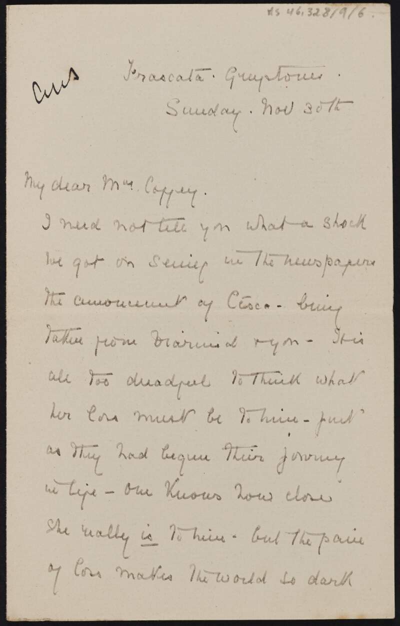 Letter from Margaret O'Grady, County Wicklow, to Jane Coffey sympathising with her on the death of Cesca,