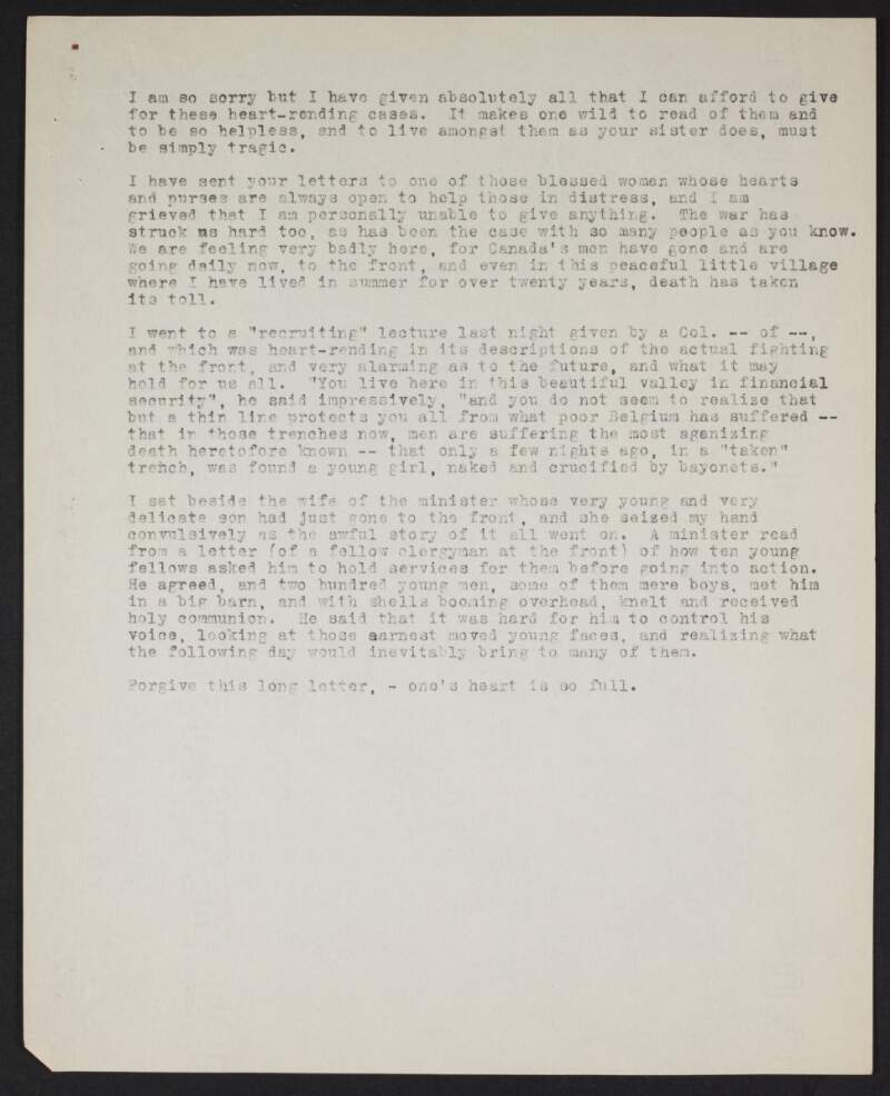 Partial letter from unidentified person to unidentified recipient discussing the effects of the war on them and a recruiting lecture,