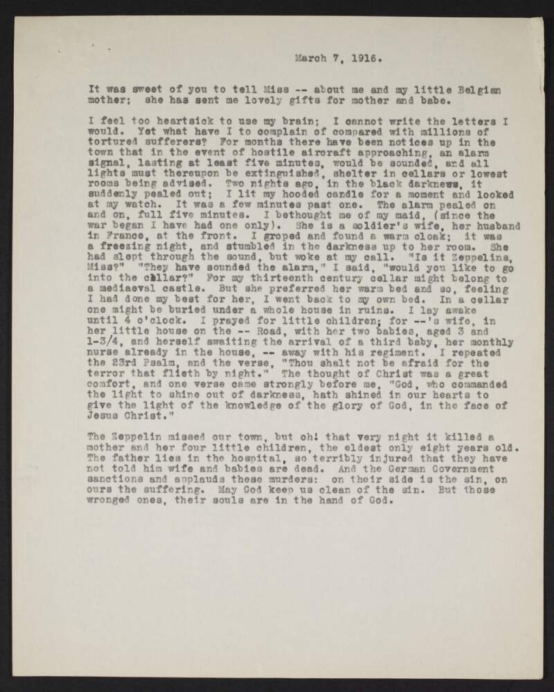 Partial [letter] from unidentified person to unidentified recipient detailing the night an alarm signal sounded during World War I,