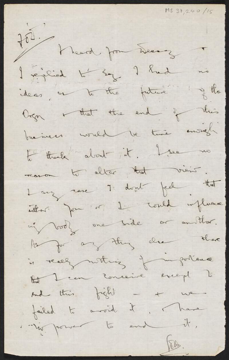 Letter from Florence O'Donoghue, 1st Southern Division, to an unidentified author, [1st Southern Division], regarding the organisation,
