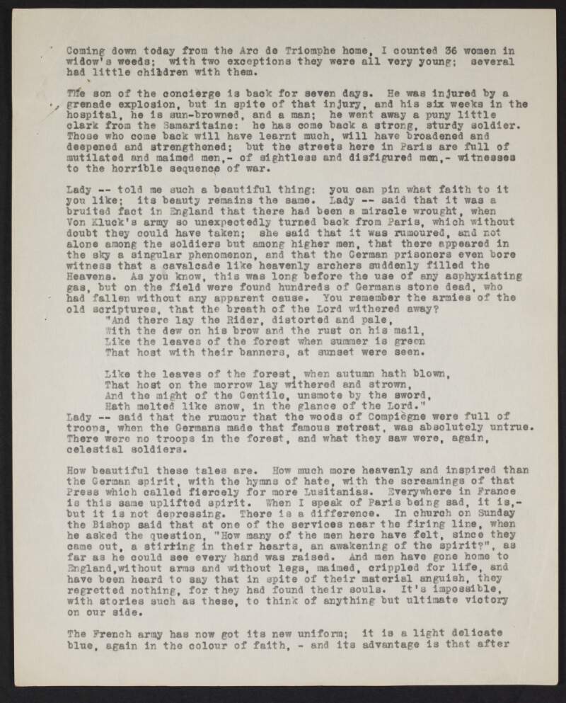 Partial [letter] from unidentified person to unidentified recipient discussing France during World War I and what happened in the trenches on Christmas Day, 1914,