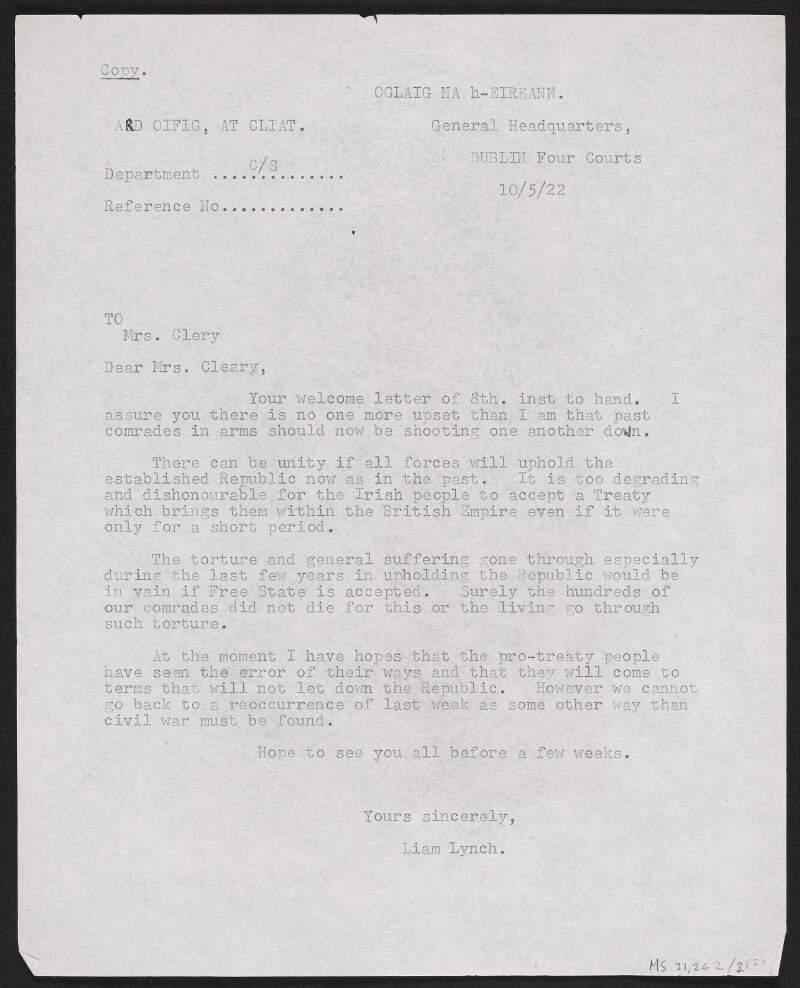 Copy letter from Liam Lynch, Chief of Staff, Irish Republican Army, to an unidentified recipient regarding the Treaty and the potential for Civil War,