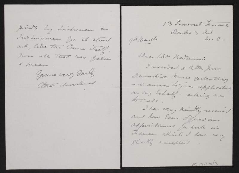 Letter from unidentified person to John Redmond thanking him for his help in securing an appointment,