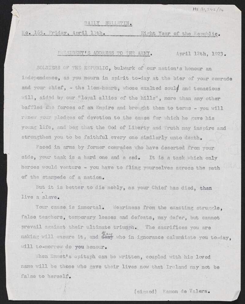 Copy circular ‪address from Éamon de Valera, Irish Republican Army, titled "President's Address to the Army", regarding the death of Liam Lynch,