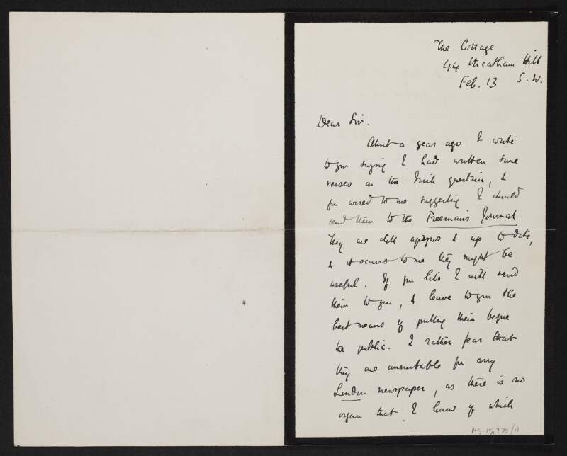 Letter from Robert Buchanan to John Redmond regarding verses he has written on the Irish question,