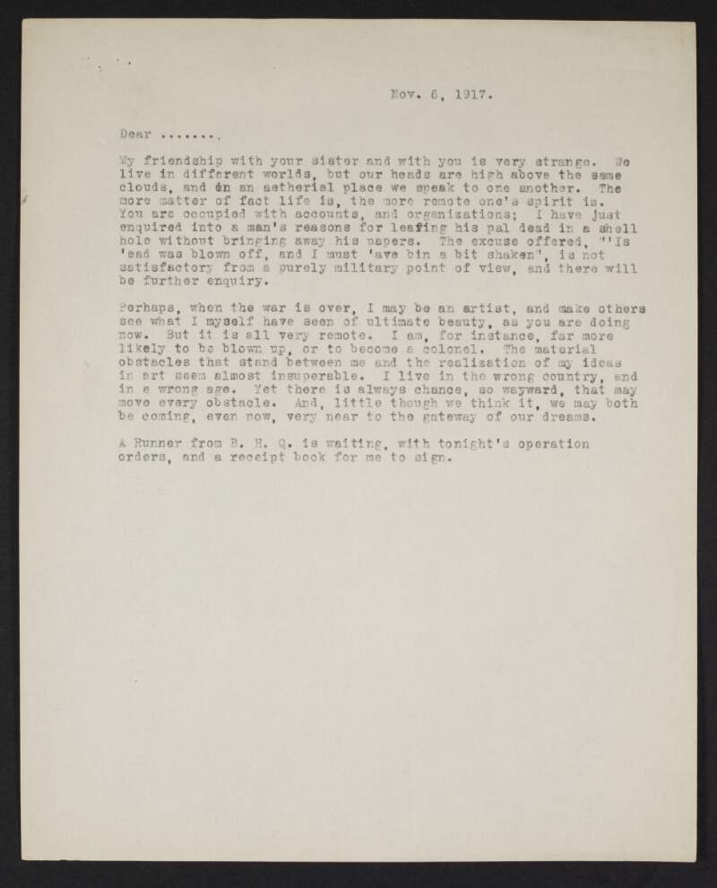Partial letter from unidentified person to unidentified recipient discussing their friendship and the possibility that he may become an artist after the war,