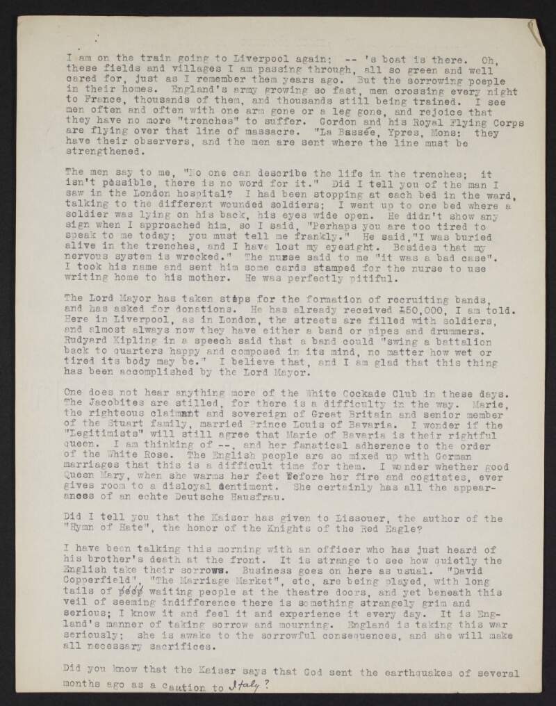 Extract letter from unidentified person to unidentified recipient discussing a wounded soldier in hospital, the collection of donations and England's sorrow during World War I,